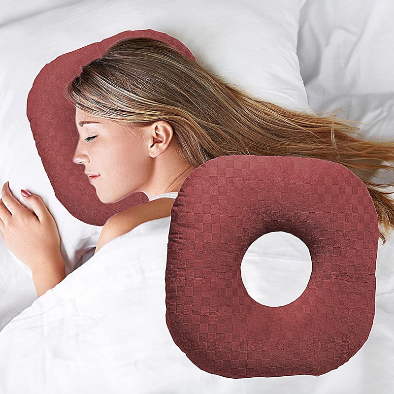 Wuronsa Ear Piercing Pillow for Side Sleepers, Pillow with an Ear Hole for CNH and Ear Pain Ear Inflammation Pressure Sores, O-Shaped Side Sleeping Pillow, Ear Guard Pillow(Dark Red) - Image 1